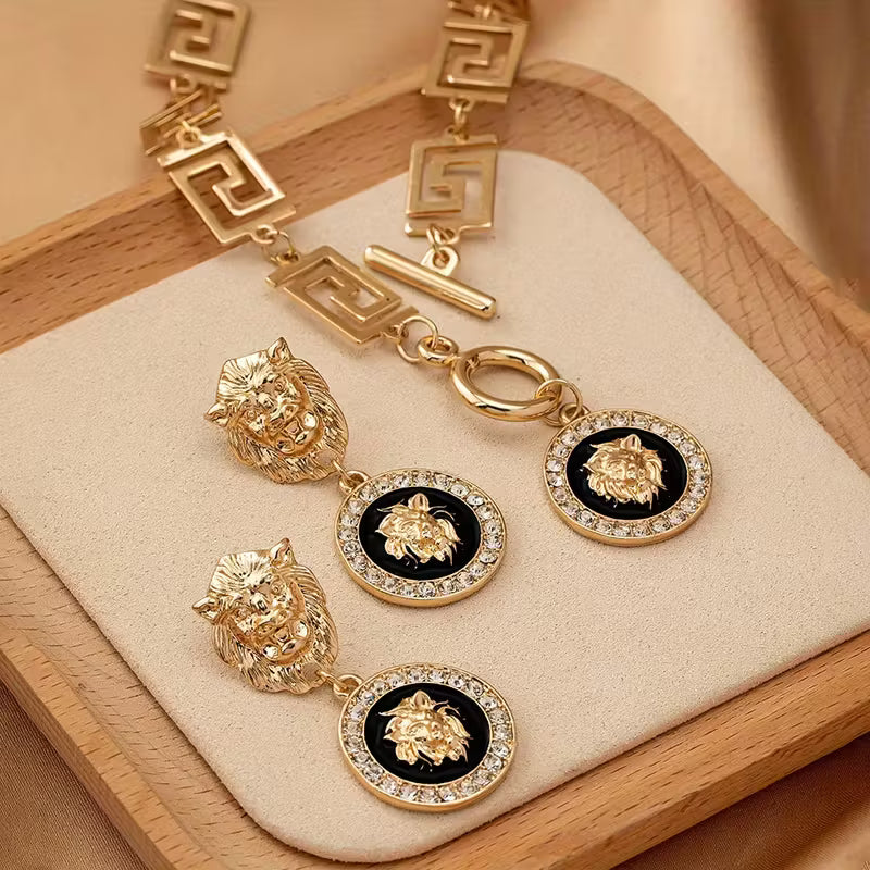 Lion Head Earrings & Necklace Set